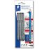 Staedtler Pigment Liner 308 Pack de 3 Rotuladores Calibrados Negros, Trazos Surtidos + 1 Goma de Borrar + 1 Sacapuntas + 1 Lapiz 2B - Color Negro