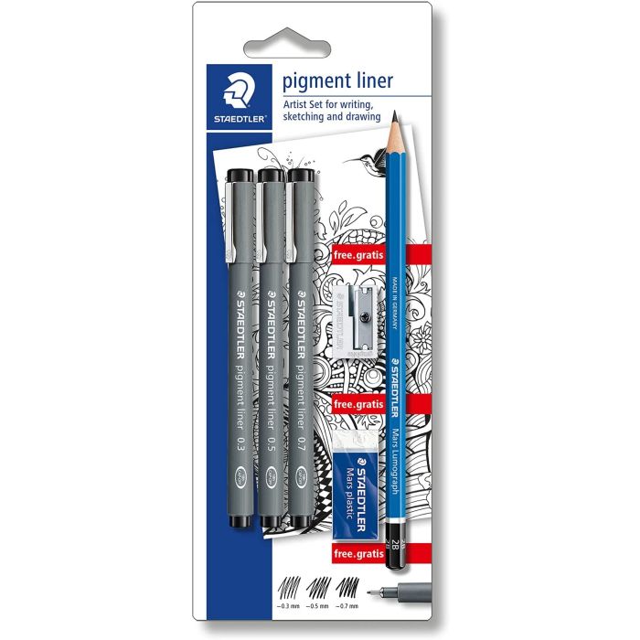 Staedtler Pigment Liner 308 Pack de 3 Rotuladores Calibrados Negros, Trazos Surtidos + 1 Goma de Borrar + 1 Sacapuntas + 1 Lapiz 2B - Color Negro