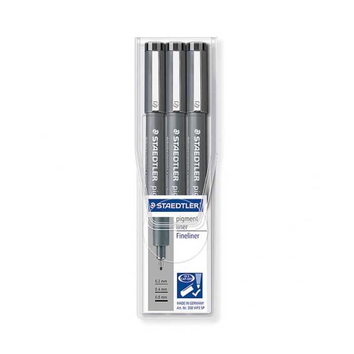 Staedtler Pigment Liner 308 Pack de 3 Rotuladores de Punta Fina - Punta Larga - Secado Rapido - Color Negro