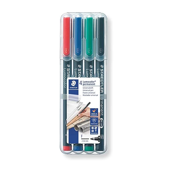 Staedtler Lumocolor 318 Pack de 4 Rotuladores Permanentes - Punta Fina Redonda - Trazo 0.6mm - Capuchon con Clip - Secado Rapido - Colores Surtidos