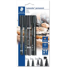 Staedtler Lumocolor Permanent Pack de 4 Rotuladores Permanentes - Diferentes Puntas - Resistente al Agua - Recargables - Color Negro