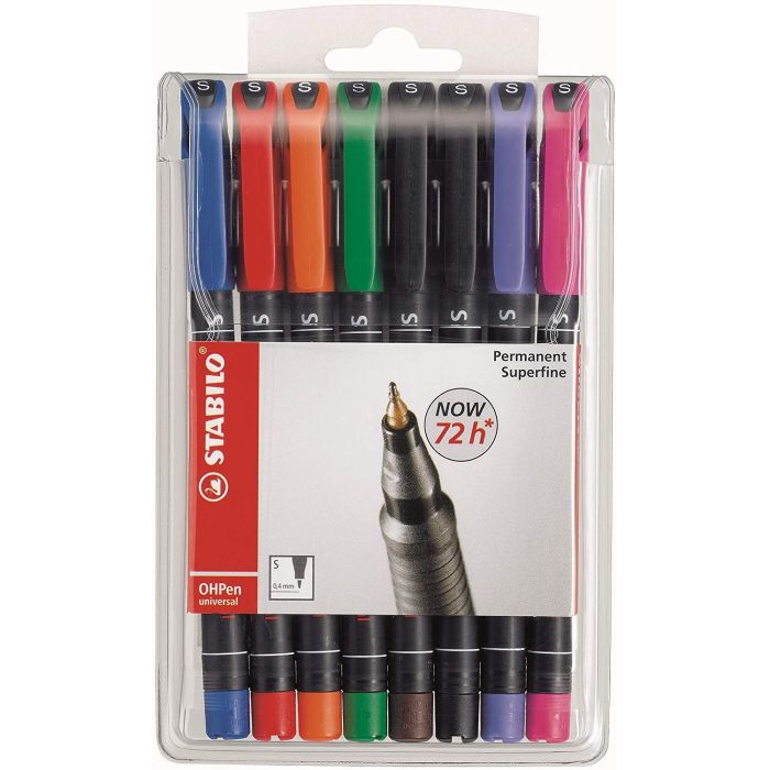 Stabilo OHPen Pack de 8 Rotuladores Permanentes - Punta Superfina - Trazo de 0.4mm - Agarre Antideslizante - Tapon Ventilado - Colores Surtidos