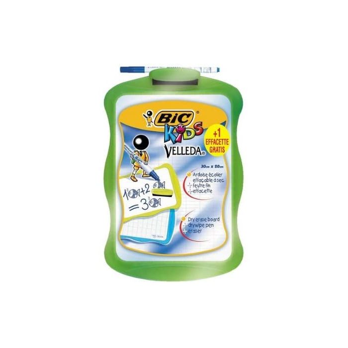 Bic Velleda Kids Pizarra Escolar Blanca y Milimetrada + 1 Marcador Velleda Azul + 1 Borrador - Dimensiones: 20x30cm