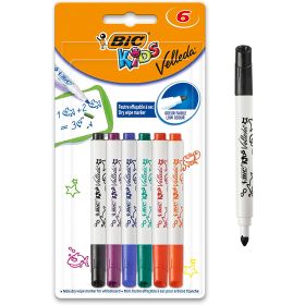 Bic Kids Mini Velleda Pack de 6 Rotuladores para Pizarra - Punta Bloqueada - Tinta con Base de Alcohol - Borrado Optimo - Colores Surtidos