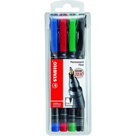 Stabilo OHPen Pack de 4 Rotuladores Permanentes - Punta Fina - Trazo de 0.7mm - Agarre Antideslizante - Tapon Ventilado - Colores Surtidos