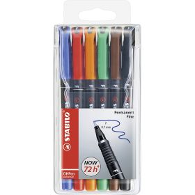 Stabilo OHPen Pack de 6 Rotuladores Permanentes - Punta Fina - Trazo de 0.7mm - Agarre Antideslizante - Tapon Ventilado - Colores Surtidos