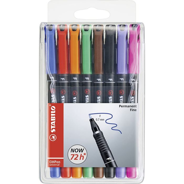 Stabilo OHPen Pack de 8 Rotuladores Permanentes - Punta Fina - Trazo de 0.7mm - Agarre Antideslizante - Tapon Ventilado - Colores Surtidos