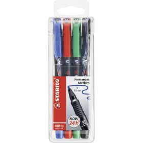 Stabilo OHPen Pack de 4 Rotuladores Permanentes - Punta Media - Trazo de 1mm - Agarre Antideslizante - Tapon Ventilado - Colores Surtidos