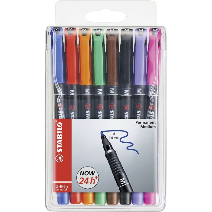 Stabilo OHPen Pack de 8 Rotuladores Permanentes - Punta Media - Trazo de 1mm - Agarre Antideslizante - Tapon Ventilado - Colores Surtidos