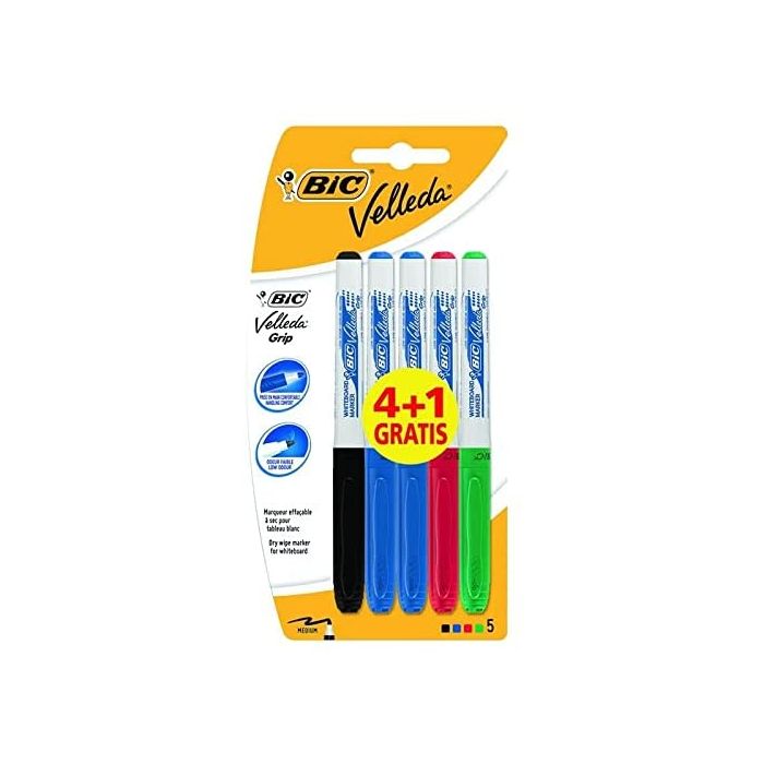 Bic Velleda Grip 4+1 Pack de 5 Rotuladores para Pizarra - Zona con Grip - Punta Media - Trazo de 1.2mm - Borrado Optimo - Colores Surtidos