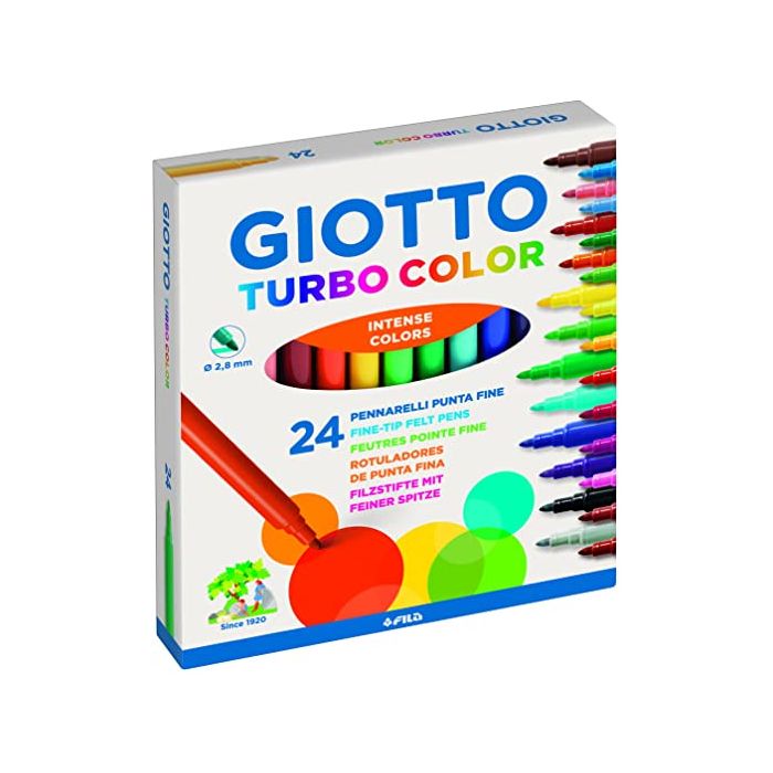 Giotto Turbo Color Pack de 24 Rotuladores - Punta Fina 2.8 mm. - Tinta al Agua - Lavable - Colores Surtidos