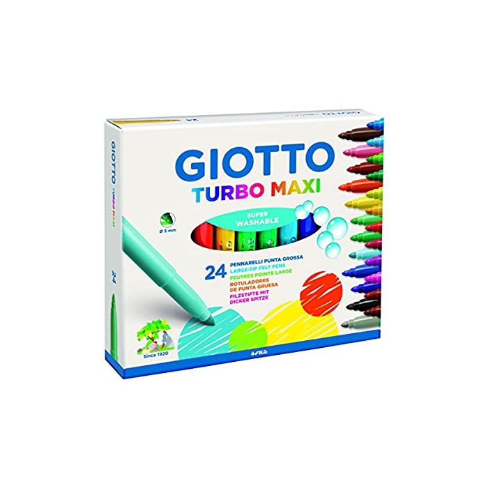 Giotto Turbo Maxi Pack de 24 Rotuladores - Punta Gruesa 5mm - Tinta al Agua - Lavable - Colores Surtidos