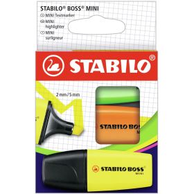 Stabilo Boss Mini Pack de 3 Marcadores Fluorescentes - Trazo entre 2 y 5mm - Tinta con Base de Agua - Antisecado - Colores Surtidos