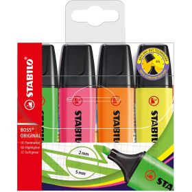 Stabilo Boss 70 Pack de 4 Marcadores Fluorescentes - Trazo entre 2 y 5mm - Recargable - Tinta con Base de Agua - Colores Surtidos