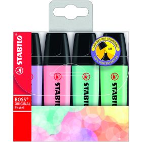 Stabilo Boss 70 Pastel Pack de 4 Rotuladores Marcadores Fluorescentes - Trazo entre 2 y 5mm - Recargable - Tinta con Base de Agua