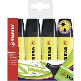 Stabilo Boss 70 Pack de 4 Marcadores Fluorescentes - Trazo entre 2 y 5mm - Recargable - Tinta con Base de Agua - Color Amarillo Fluorescente