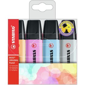 Stabilo Boss 70 Pastel Pack de 4 Marcadores Fluorescentes - Trazo entre 2 y 5mm - Recargable - Tinta con Base de Agua - Colores Surtidos