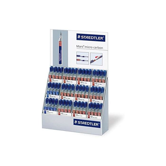 Staedtler Mars Micro Carbon 250 Expositor de 144 Tubos de Minas - Extraordinaria Elasticidad - Graduaciones Surtidas