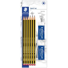 Staedtler Noris 120 Pack de 6 Lapices de Grafito Hexagonales 2HB + 2 Gomas de Borrar Mars Plastic - Madera de Bosques Sostenibles