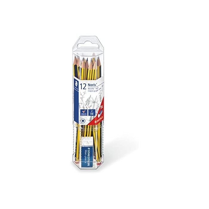 Staedtler Noris 120 Pack de 12 Lapices de Grafito Hexagonales + Goma de Borrar - Mina HB Ultrarresistente de 2mm - Madera de Bosques Sostenibles