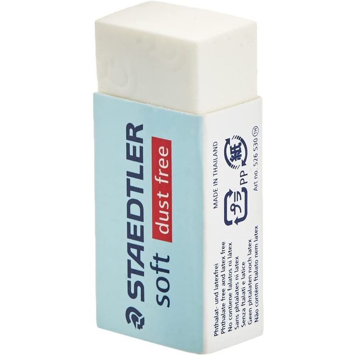 Staedtler Soft 526 S30 Goma de Borrar - Plastico - Maxima Limpieza - Faja Protectora - No Decolora el Papel - Color Blanco