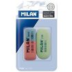 Milan Pack de 2 Gomas de Borrar, 1xGoma 8020 Biselada Doble Intensidad + 1xGoma 118 Ovalada - Caucho Sintetico - Para toda Clase de Papeles - Colores Surtidos