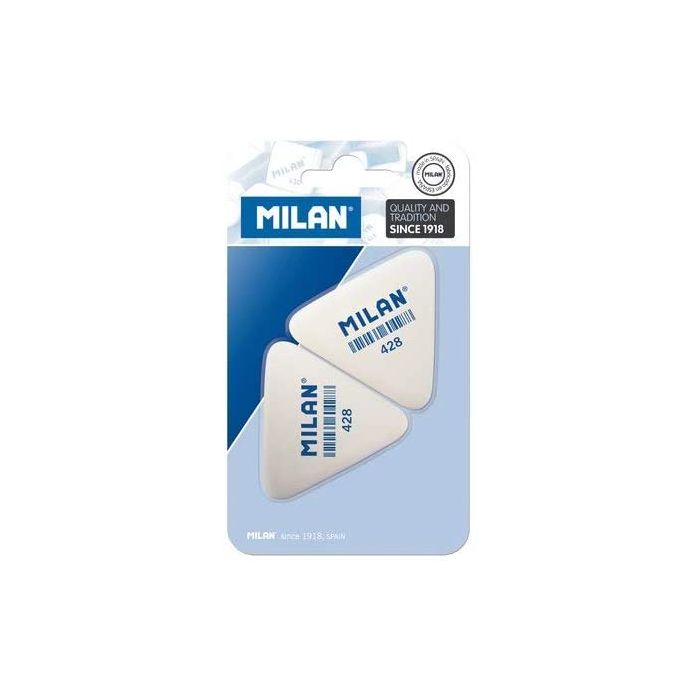 Milan 428 Pack de 2 Gomas de Borrar Triangulares - Miga de Pan - Suave Caucho Sintetico - Color Blanco