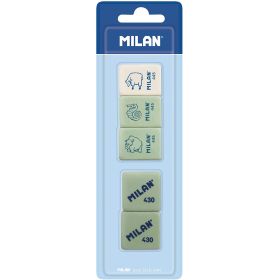 Milan Pack de 5 Gomas de Borrar, 3xGomas 445 Nata Rectangulares + 2xGomas 430 Cuadradas - Miga de pan - Caucho Suave Sintetico - Colores Surtidos