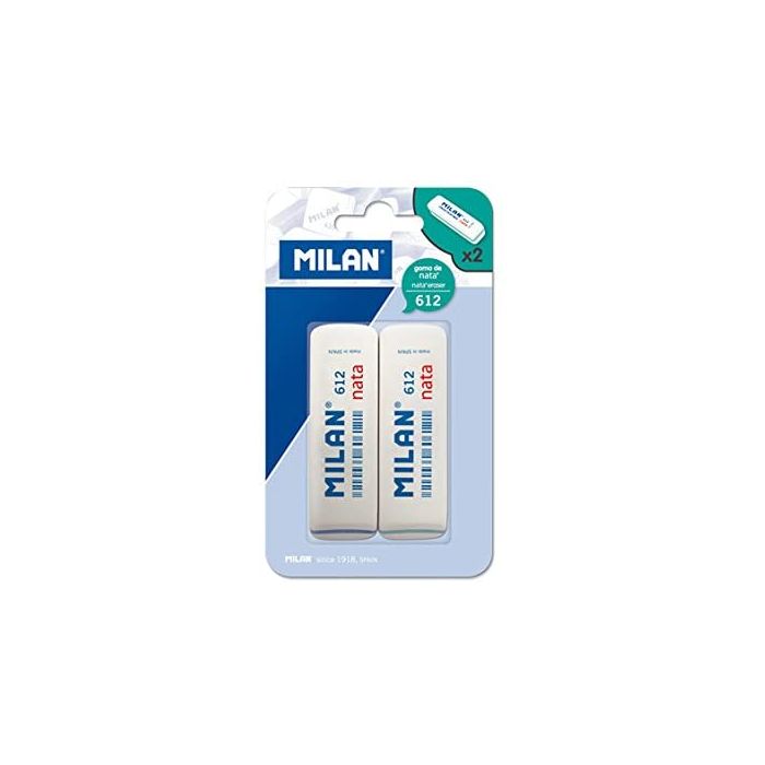 Milan Nata 612 Pack de 2 Gomas de Borrar Biseladas - Plastico - Suave - No Abrasiva - Color Blanco