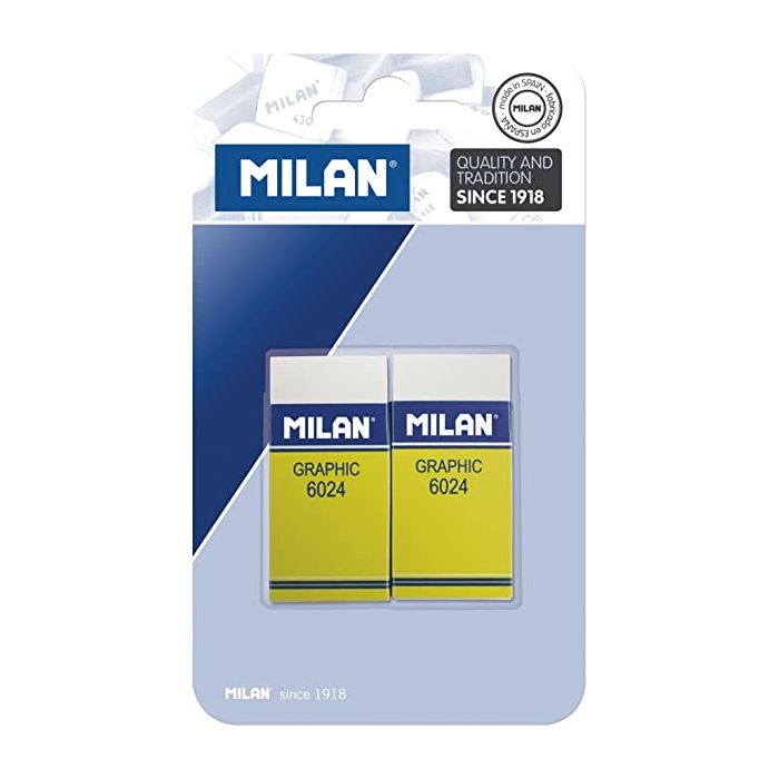 Milan Nata 6024 Graphic Pack de 2 Gomas de Borrar Rectangulares - Plastico - Faja de Carton Amarilla - No daña el Papel - Color Blanco