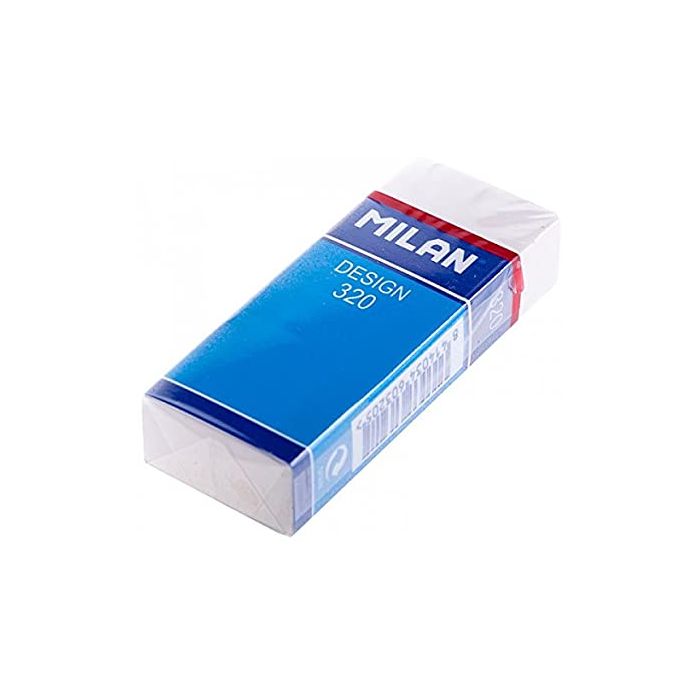 Milan Nata 320 Goma de Borrar Rectangular - Plastico - Faja de Carton Azul - Envuelta Individualmente - Color Blanco