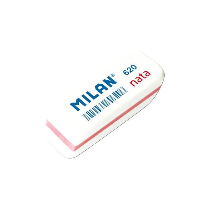 Milan Nata 620 Goma de Borrar Biselada Pequeña - Plastico Suave - No Abrasiva - Color Blanco con Ribete de Colores Surtidos