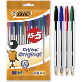 Bic Cristal Original 15+5 Pack de 20 Boligrafos de Bola - Punta Redonda de 1.0mm - Trazo 0.4mm - Tinta con Base de Aceite - Colores Surtidos