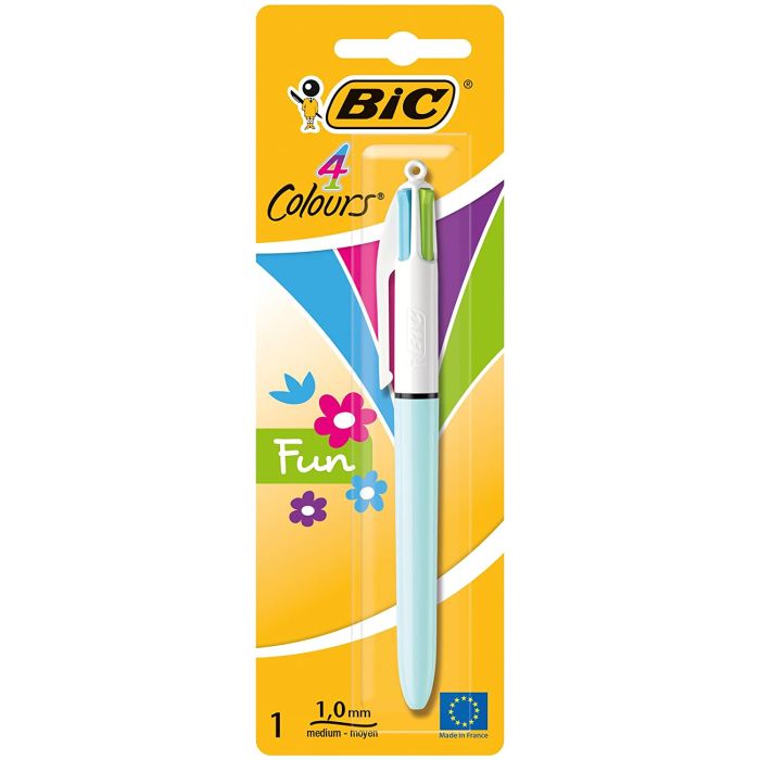 Bic 4 Colours Fun Boligrafo de Bola Retractil - Punta Media de 1.0mm - Tinta con Base de Aceite - Tinta de Colores: Rosa, Morado, Turquesa y Verde Lima
