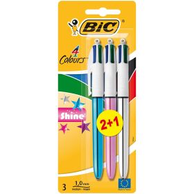 Bic 4 Colours Shine 2+1 Pack de 3 Boligrafos de Bola Retractil - Punta Media de 1.0mm - Tinta con Base de Aceite - Cuerpo de Colores Metalicos Surtidos - 4 Colores