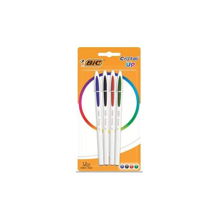 Bic Cristal Up Pack de 4 Boligrafos de Bola - Punta Redonda de 1.2mm - Trazo 0.6mm - Tinta con Base de Aceite - Cuerpo Blanco - Colores Surtidos
