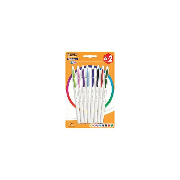 Bic Cristal Up Pack de 8 Boligrafos de Bola - Punta Redonda de 1.2mm - Trazo 0.6mm - Tinta con Base de Aceite - Cuerpo Blanco - Colores Surtidos