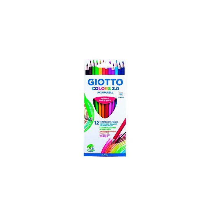 Giotto Colors Acquarell 3.0 Pack de 12 Lapices Triangulares de Colores Acuarelables - Mina 3 mm - Madera - Colores Surtidos