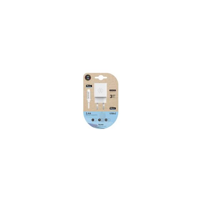 TechOneTech Cargador Doble de Pared + Cable USB-A a Lightning 1m - Recubierto de Nylon Trenzado