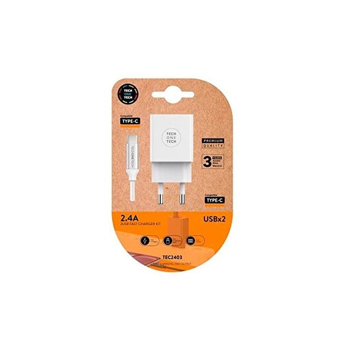 TechOneTech Cargador Doble de Pared + Cable USB-A a USB-C 1m - Recubierto de Nylon Trenzado