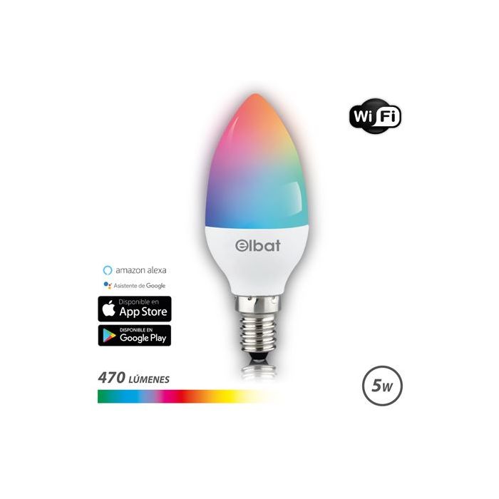 Elbat Bombilla LED Vela Smart Wi-Fi C37 E14 5W 470lm RGB - Temperatura 2700K a los 6000K - Control de Voz - Control Remoto - 3 Modos de Color: Frio, Natural y Calido