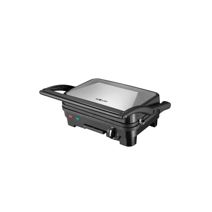 Muvip Sandwichera Inox 1800W - Placas Antiadherentes Reversibles Grill, Lisa - Selector de Temperatura - Placa Superior Basculante - Asas Tacto Frio