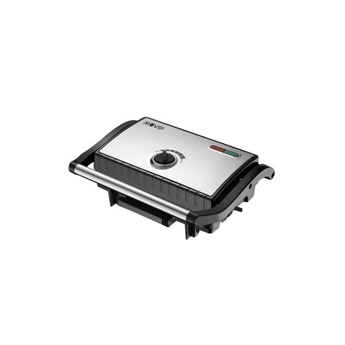 Muvip Sandwichera Inox Placa Grill 1500W - Temperatura Regulable - Placa Superior Basculante - Presion Uniforme - Asa Tacto Frio