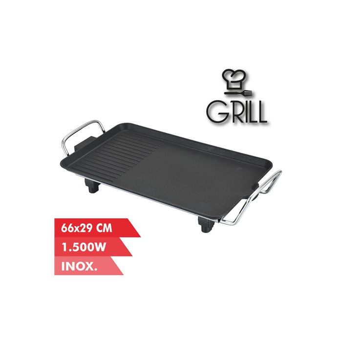 Muvip Plancha de Asar Electrica 1500W - 2 Zonas Lisa y Grill - Placa Antiadherente - Asas Tacto Frio - Termostato Extraible - Superficie 66x29cm