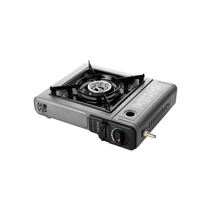 Muvip Cocina de Gas Portatil 1 Fuego con Adaptador de Botella Externa - Encendido Automatico - Quemador de Aluminio - Valvula Doble Sellado - Maleta de Transporte