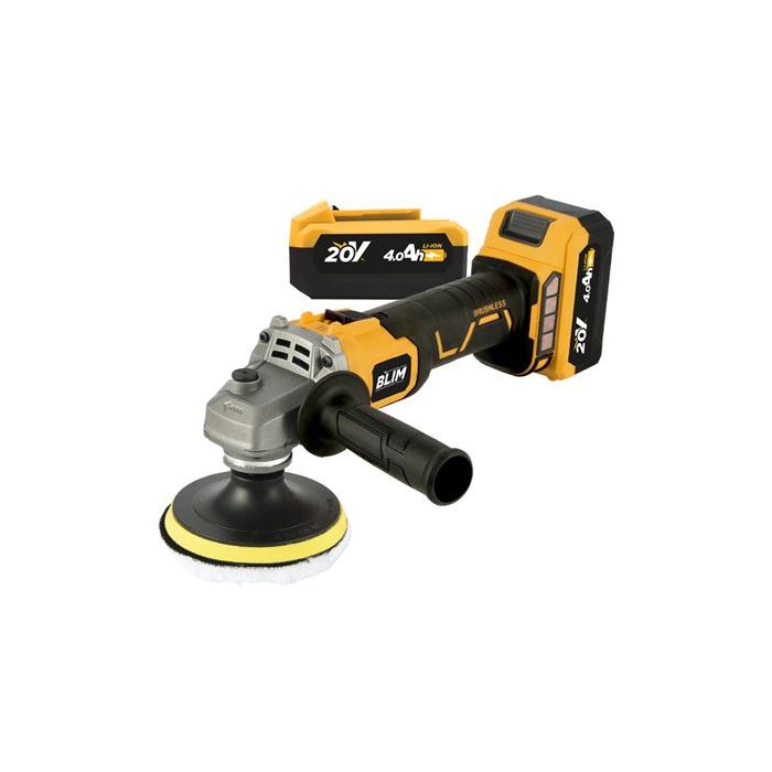 Blim Radial a Bateria 115mm 20V 4Ah + Kit de Pulido - Motor sin Escobillas - Velocidad 1000/3000/4500/8500rpm - Agarre Ergonomico - Incluye 2 Baterias y Maletin de Transporte