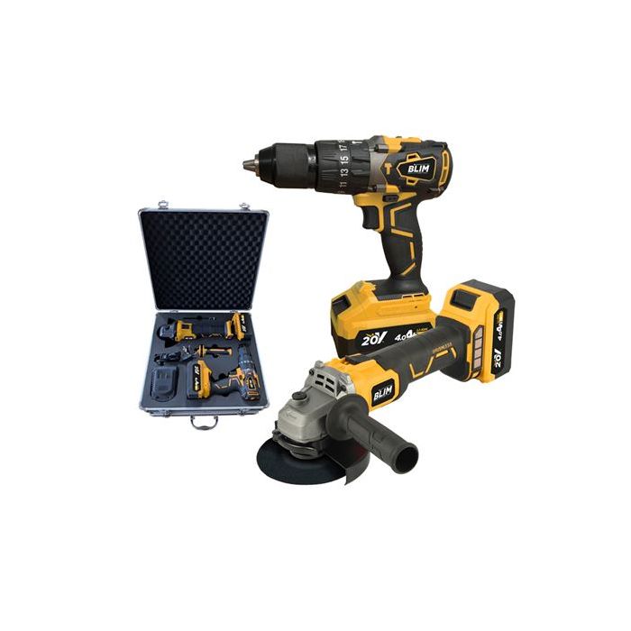 Blim Pack Radial a Bateria 20V 4Ah Velocidad 8500rpm Diametro Disco 115mm + Taladro Percutor 20V 4Ah Par Maximo 68Nm Velocidades 0-500rpm y 0-2000rpm - Incluye 2 Baterias y Maletin de Transporte de Aluminio con Accesorios