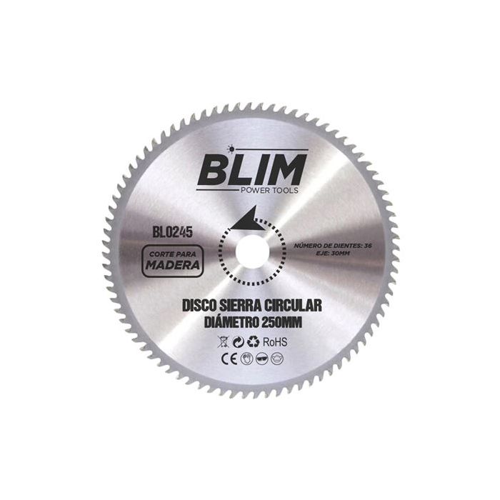 Blim Disco Corte de Madera para Sierra 250mm - 36 Dientes con Recubrimiento en Carburo de Tungsteno