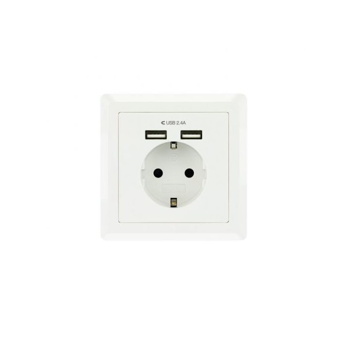 Nanocable Roseta Base de Enchufe de Pared Empotrable Tipo Schuko con 2 Tomas USB 2.4A - Color Blanco