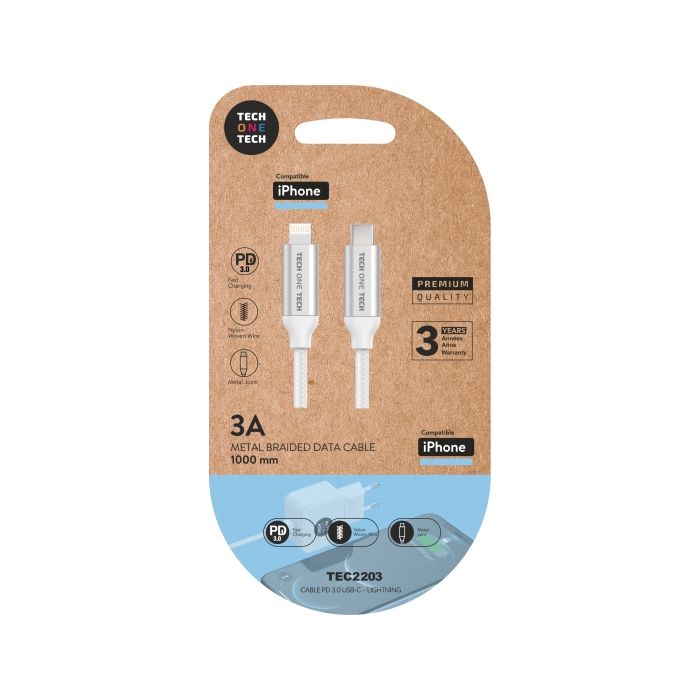 TechOneTech Cable USB-C PD 3.0 Macho a Lightning Macho 1m - Recubierto de Nylon Trenzado
